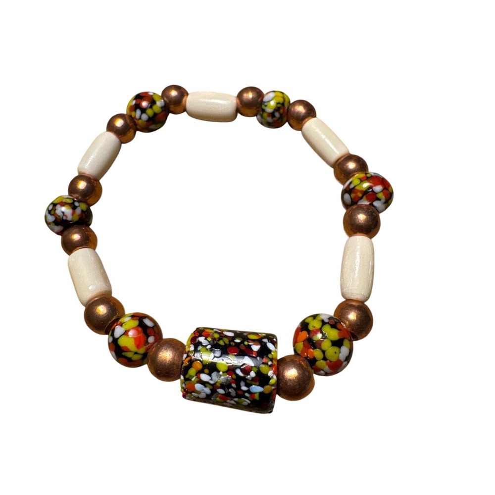 Handcrafted African Trade Glass Bead Stretch Bracelet Boho Copper Mosaic